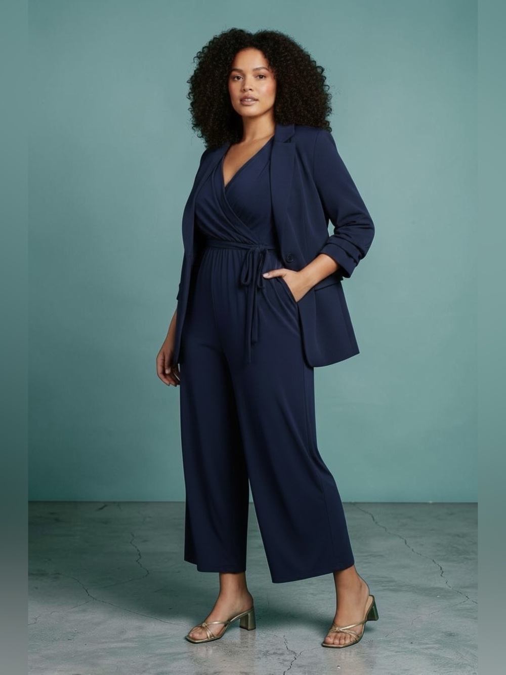 Gilli Navy Wrap Wide Leg Jumpsuit Tie Waist Workwear